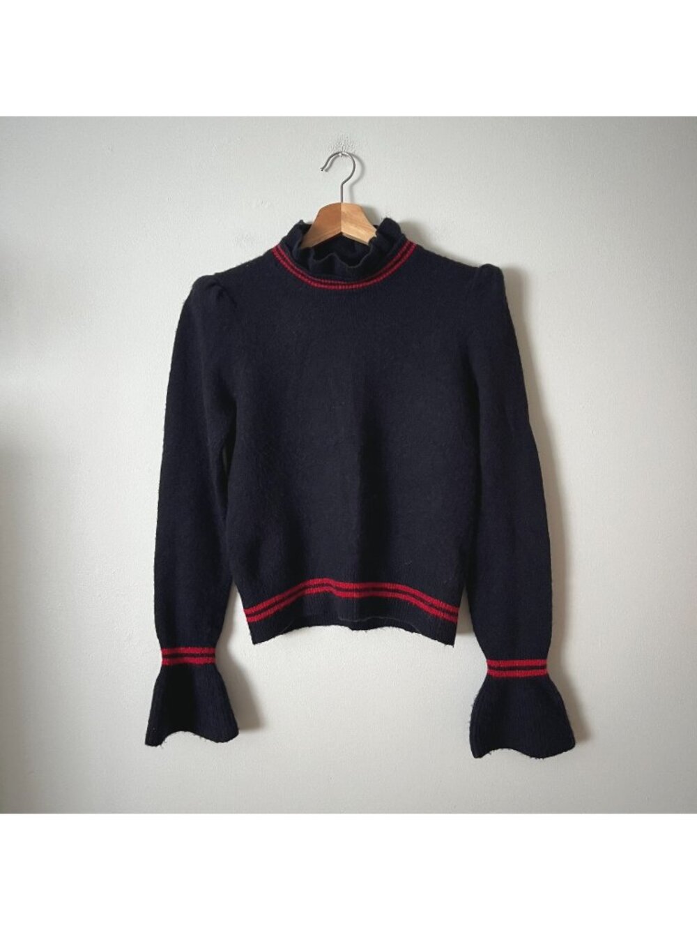 Sandro Paris Navy Blue Red Stripe Bell Sleeve Sweater Women's Size XS